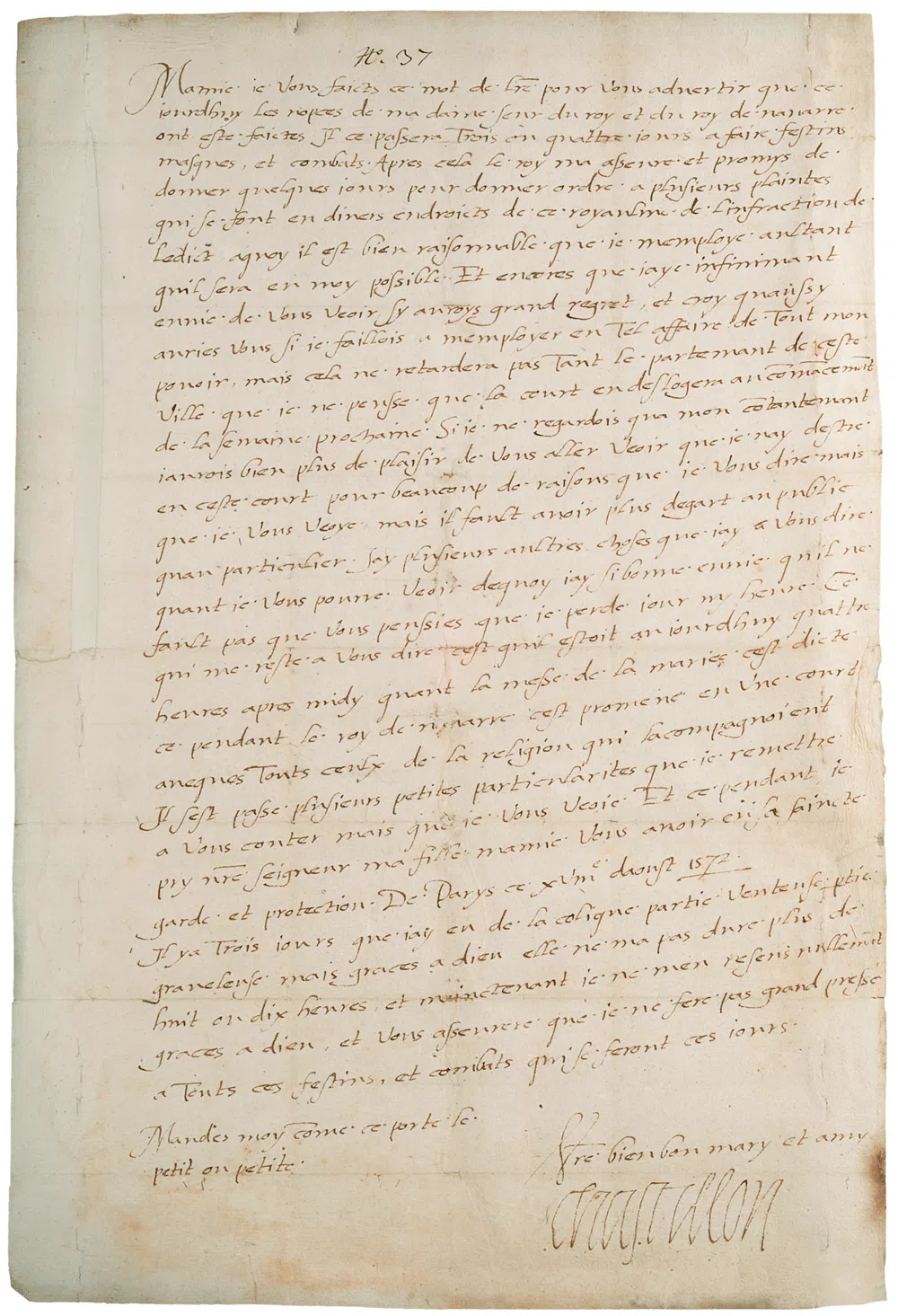 Letter addressed to Jacqueline d'Entremont by Gaspard de Coligny